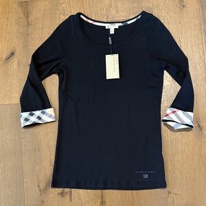 Burberry Black Scoop Neck Top with Signature Check Cuffs
